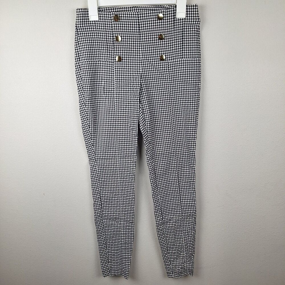 Worthington Pants Womens S Black/White Check Ankle Pull On Stretch Elastic Waist